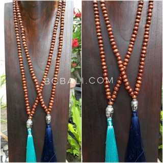 2color mala wood bead brown necklace tassels buddha prayer